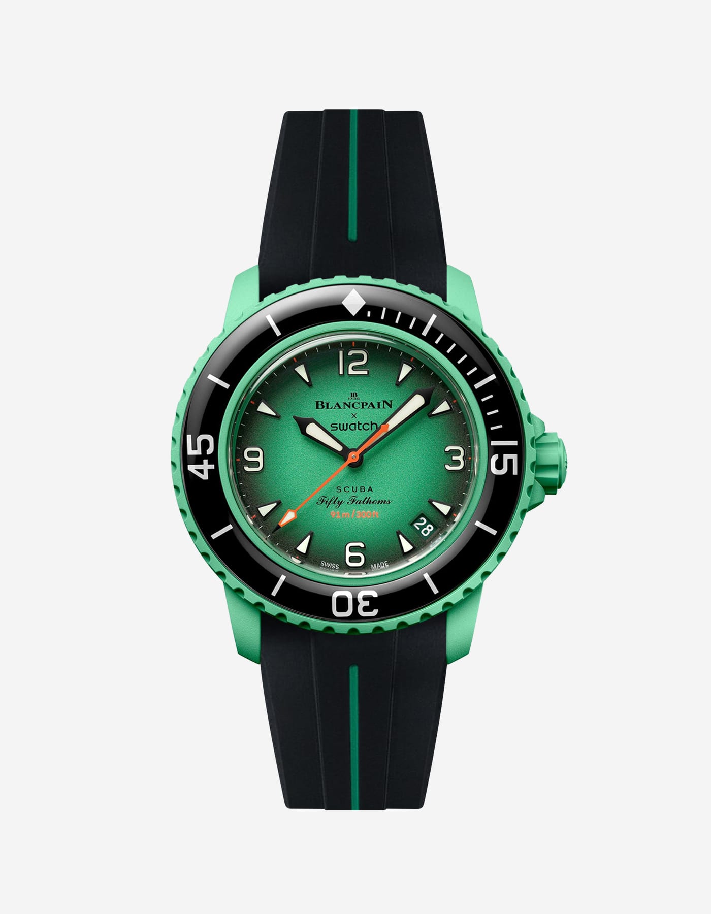 Blancpain X Swatch Indian Ocean watch displayed from the front with black and green rubber strap mounted