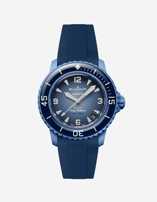 Blancpain X Swatch Atlantic Ocean diver watch displayed with blue rubber strap mounted