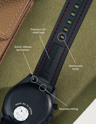Black curved rubber strap with red stitching, quick-release spring bars, seamless case integration and 3D-relief Wristbuddys logo