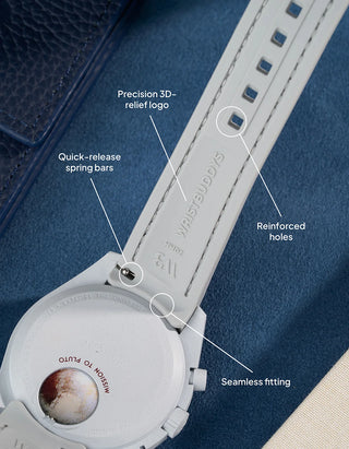 Grey curved rubber strap with reinforced holes, seamless fitting, 3D-relief logo and quick-release spring bars – designed for comfort and secure attachment