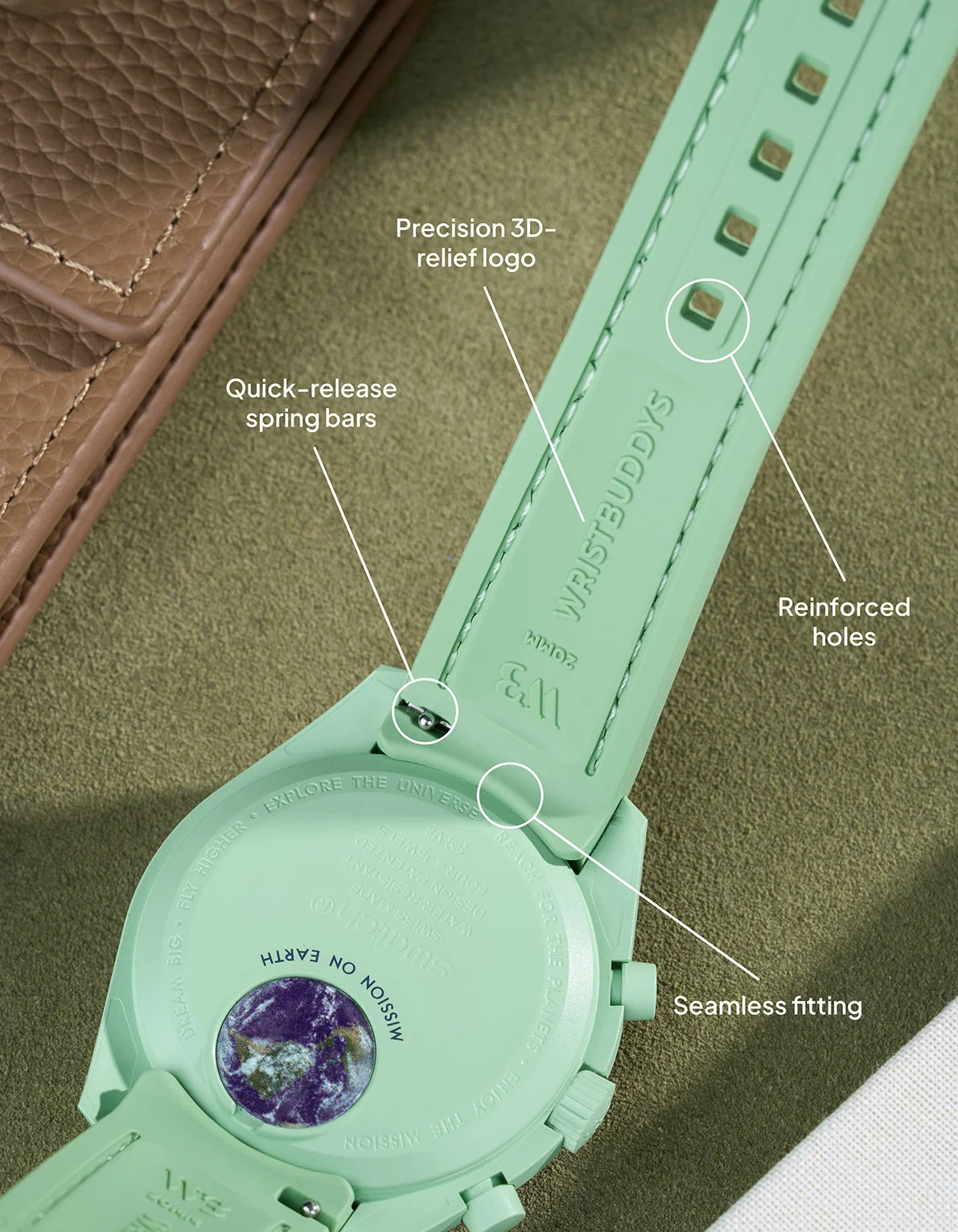 Mint curved rubber watch strap with precision 3D-relief logo, reinforced buckle holes, quick-release spring bars and seamless integration to caseback