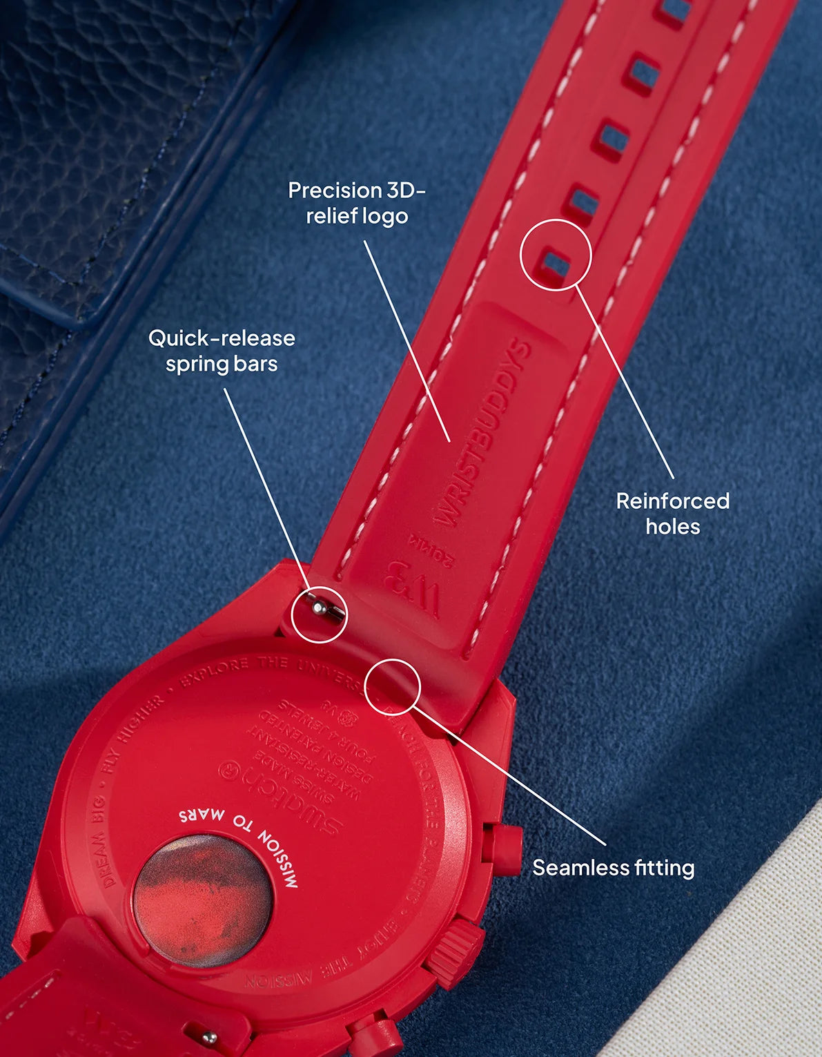 Red curved rubber watch strap with white stitching, quick-release spring bars, seamless fit and embossed Wristbuddys logo