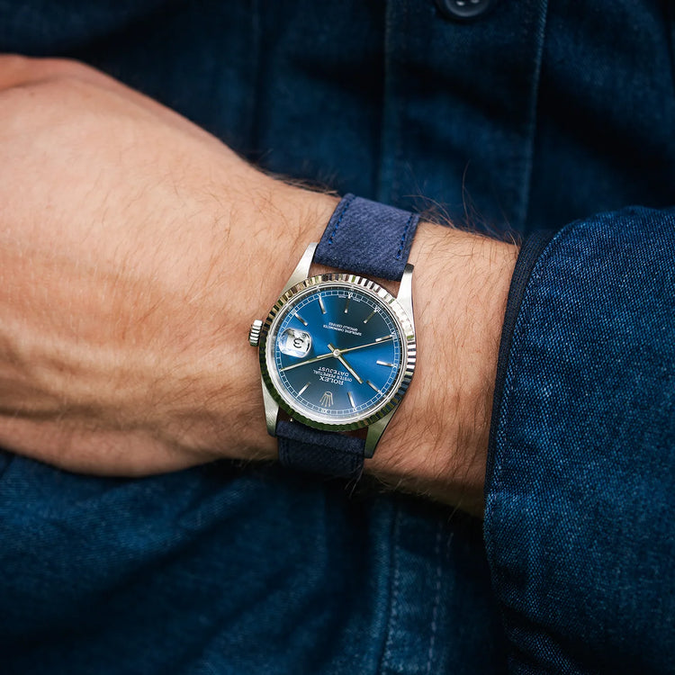 Dark Blue Denim Watch Strap on wrist – styled with blue shirt and silver watch for casual everyday look