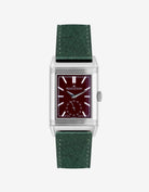 Dark green suede leather strap mounted on Jaeger LeCoultre Reverso watch 20mm, front-facing on-watch product image