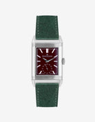 Dark green suede leather strap mounted on Jaeger LeCoultre Reverso watch 20mm, front-facing on-watch product image