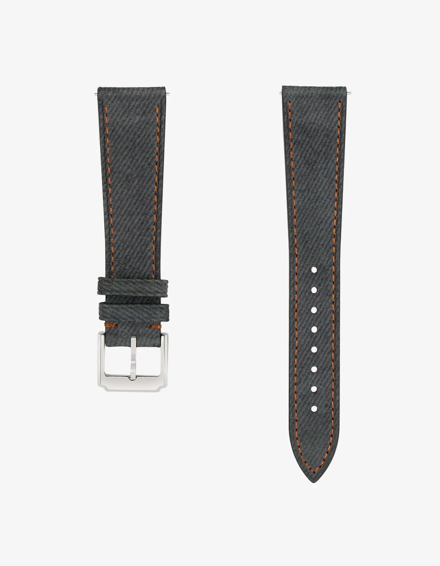 Dark Grey Denim Watch Strap 20mm with orange stitching – flat lay with silver buckle