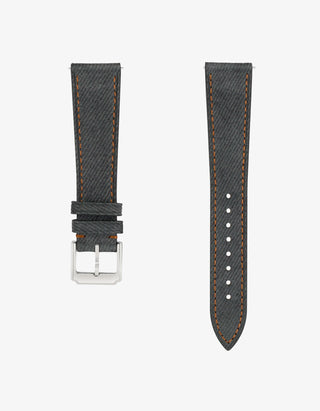 Dark grey with orange stitch – denim strap range overview