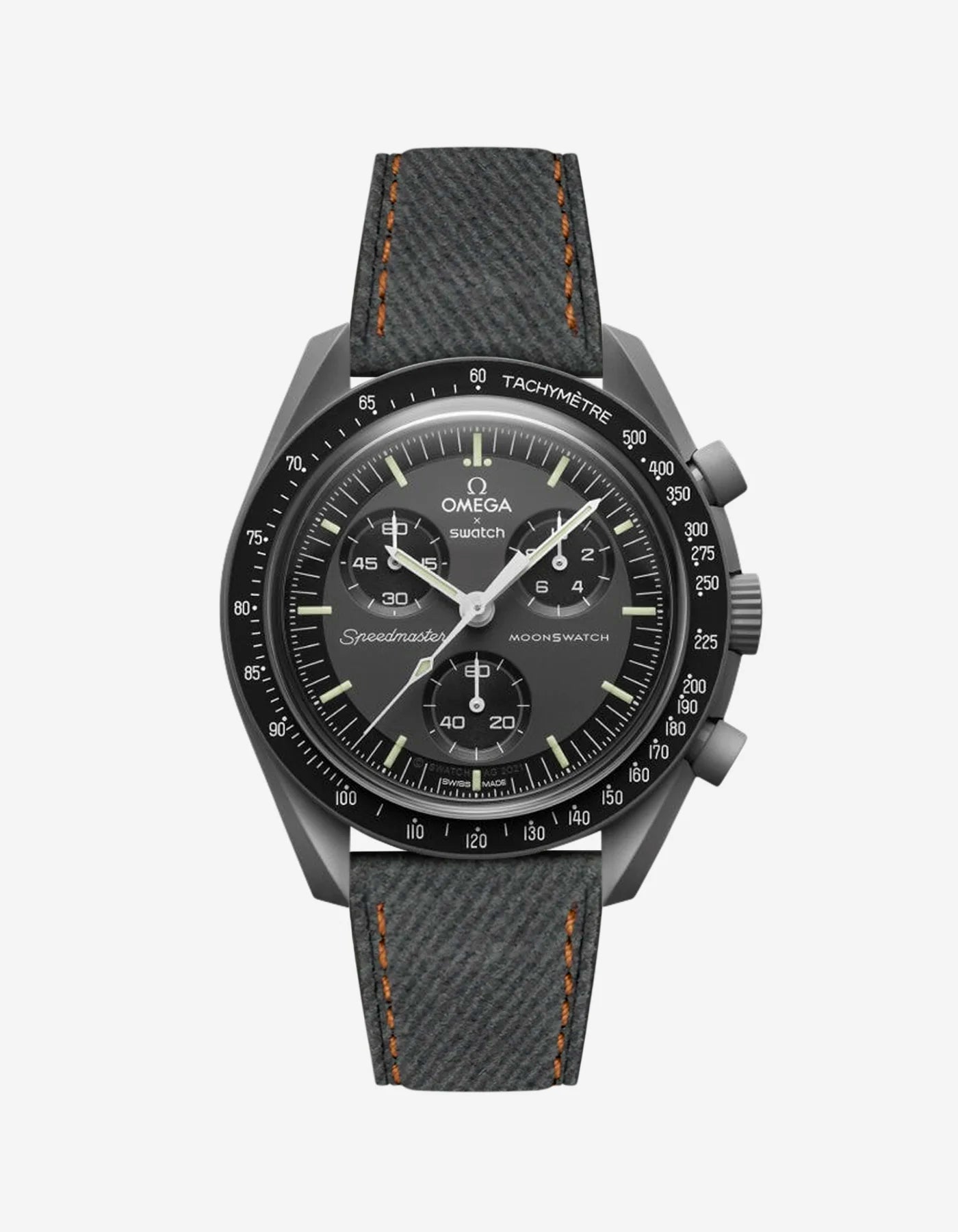 Dark Grey Denim strap with orange stitching mounted on Omega x Swatch MoonSwatch Mission to Mercury – product image