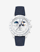 Dark Blue Denim Leather Strap on Omega x Swatch MoonSwatch Mission To Earthphase - Moonshine Gold Cold Moon