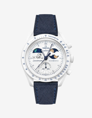 Dark Blue Denim Leather Strap on Omega x Swatch MoonSwatch Mission To Earthphase - Moonshine Gold Cold Moon