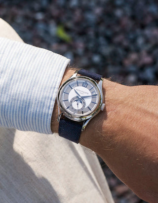 Dark Blue Denim Watch Strap 20mm on Patek Philippe– wrist shot with shirt