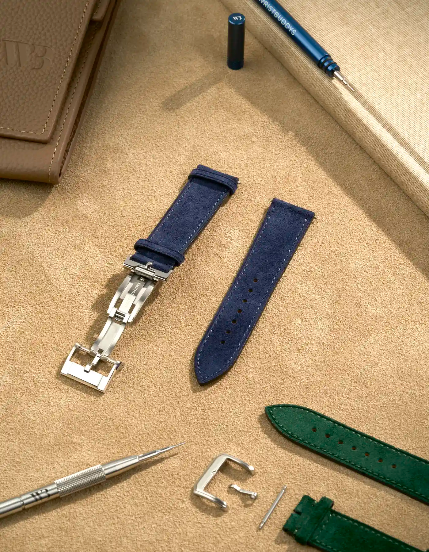 Deployant clasp mounted on suede leather strap with tools – perfect fit for Wristbuddys leather straps