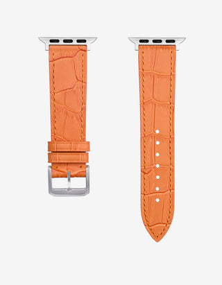 Orange leather Apple Watch band in Embossed Alligator with silver buckle - in detail