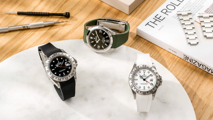 Rolex Explorer paired with a light blue rubber strap from Wristbuddys, modern sport styling