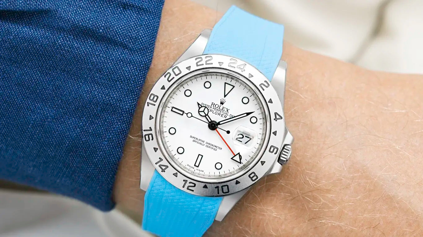 Rolex Explorer paired with a light blue rubber strap from Wristbuddys, modern sport styling