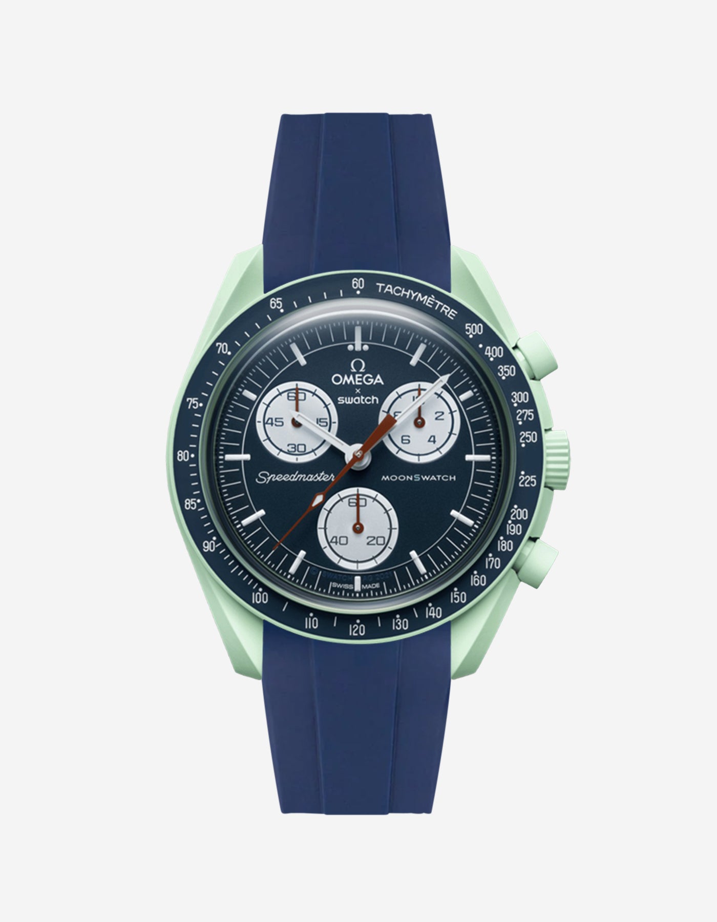 Omega X Swatch Mission on Earth watch with a blue rubber watch strap and detailed face on a white background