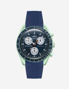 Omega X Swatch Mission on Earth watch with a blue rubber watch strap and detailed face on a white background