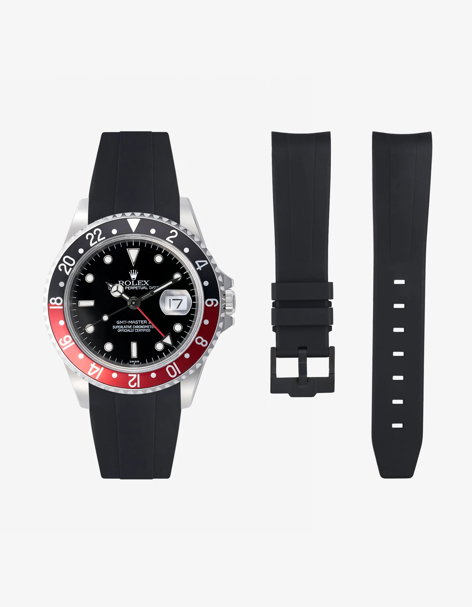 Black FKM rubber strap for Rolex GMT Master II 16710 Coke shown with watch and separate strap parts