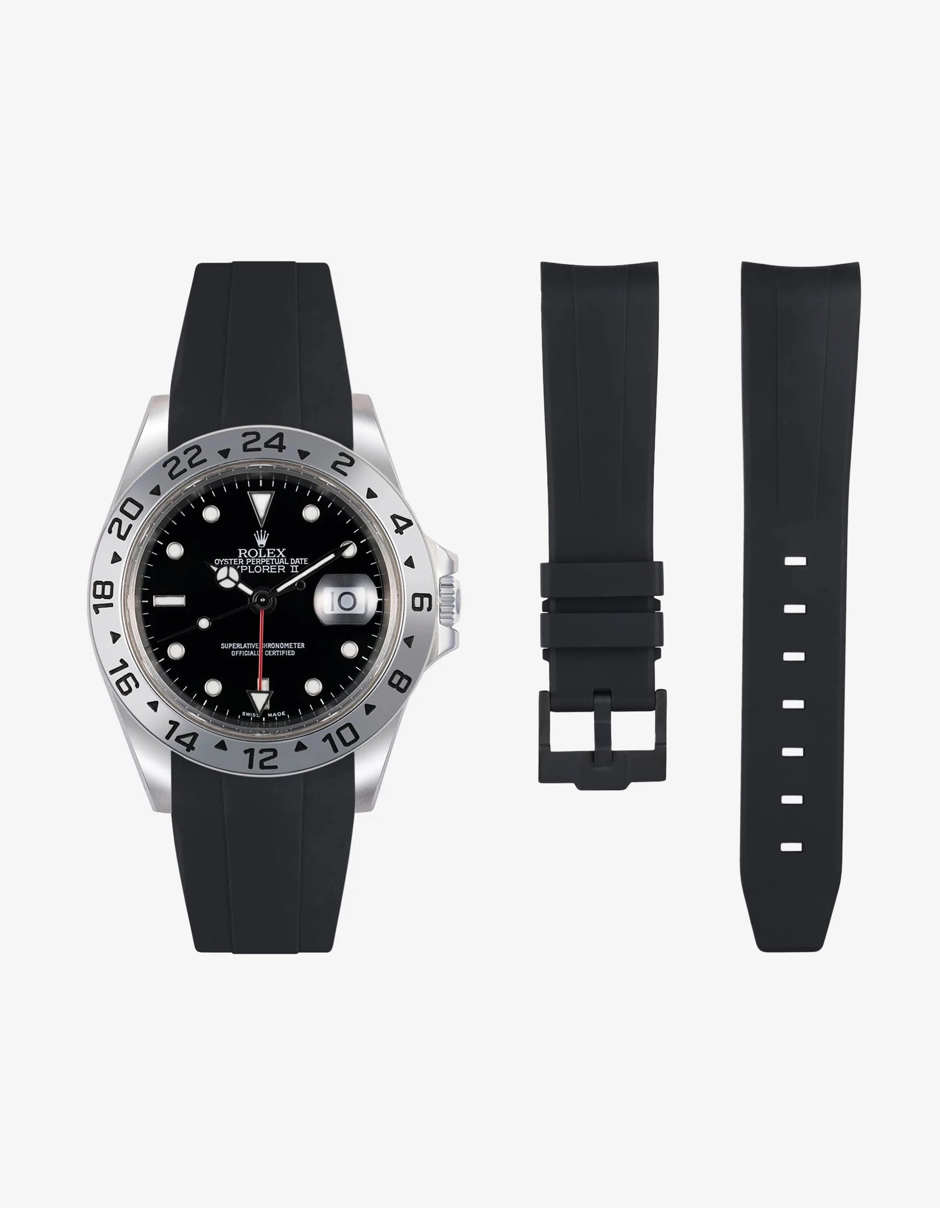 Black FKM rubber strap for Rolex Explorer II 16570 shown with watch and separate strap components