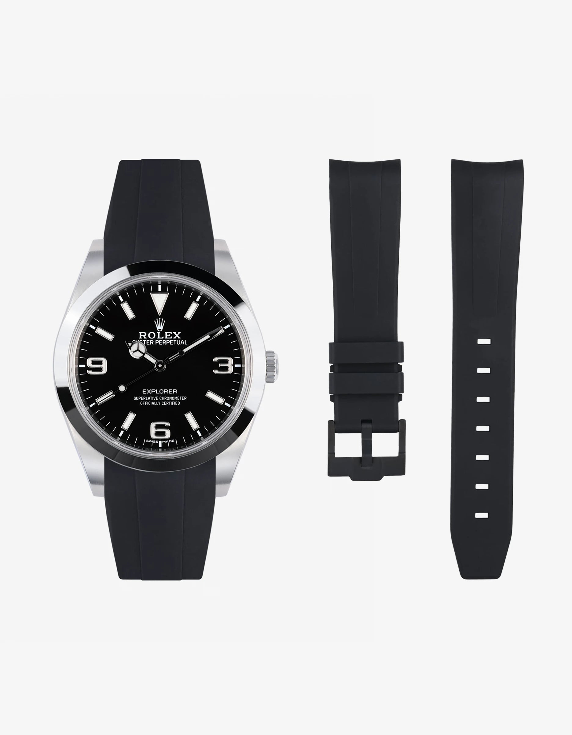 Black FKM rubber strap for Rolex Explorer 214270 shown with watch and separated strap parts