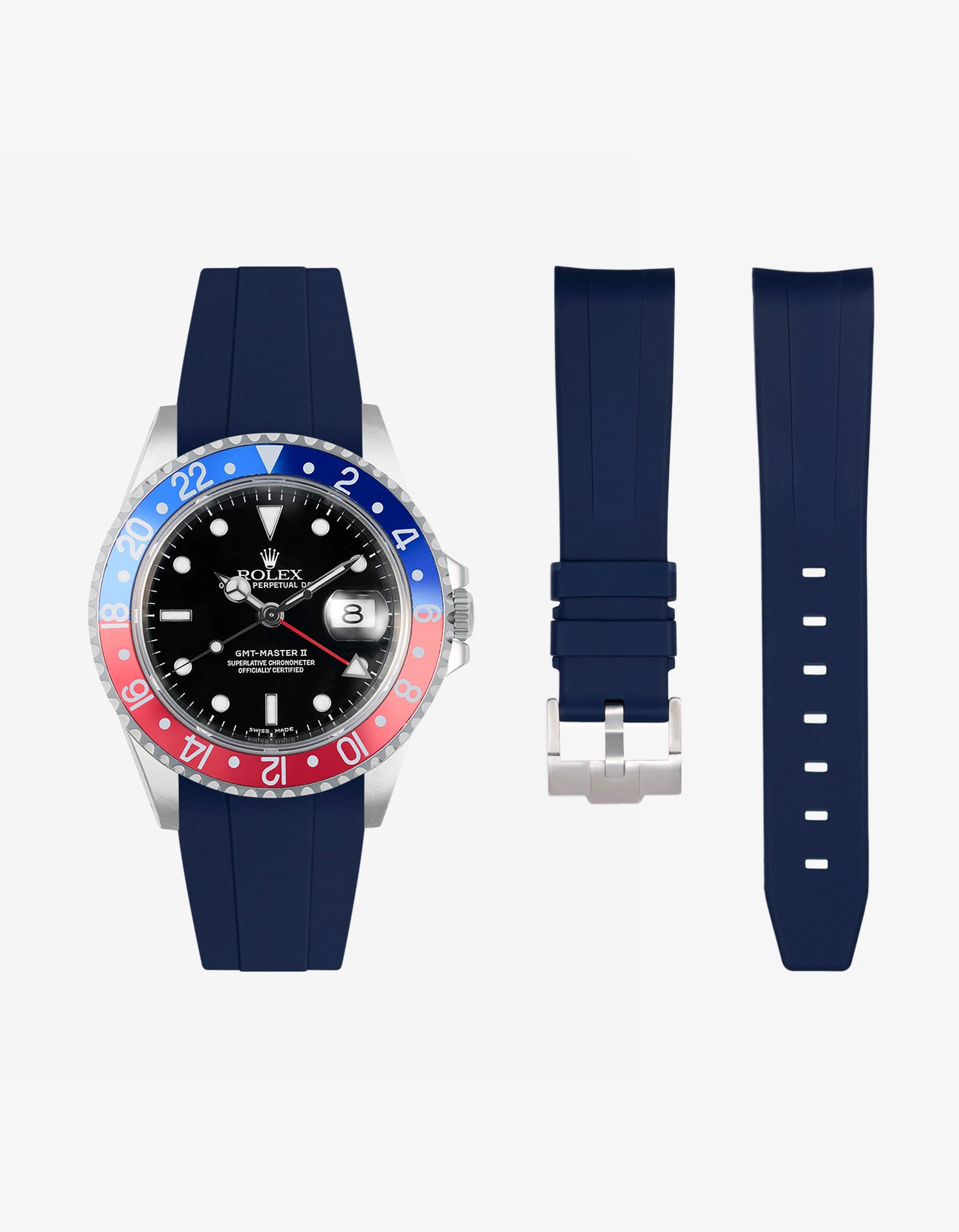 Navy blue FKM rubber strap for Rolex GMT Master II 16710 Pepsi shown with watch and separate strap parts