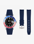 Navy blue FKM rubber strap for Rolex GMT Master II 16710 Pepsi shown with watch and separate strap parts