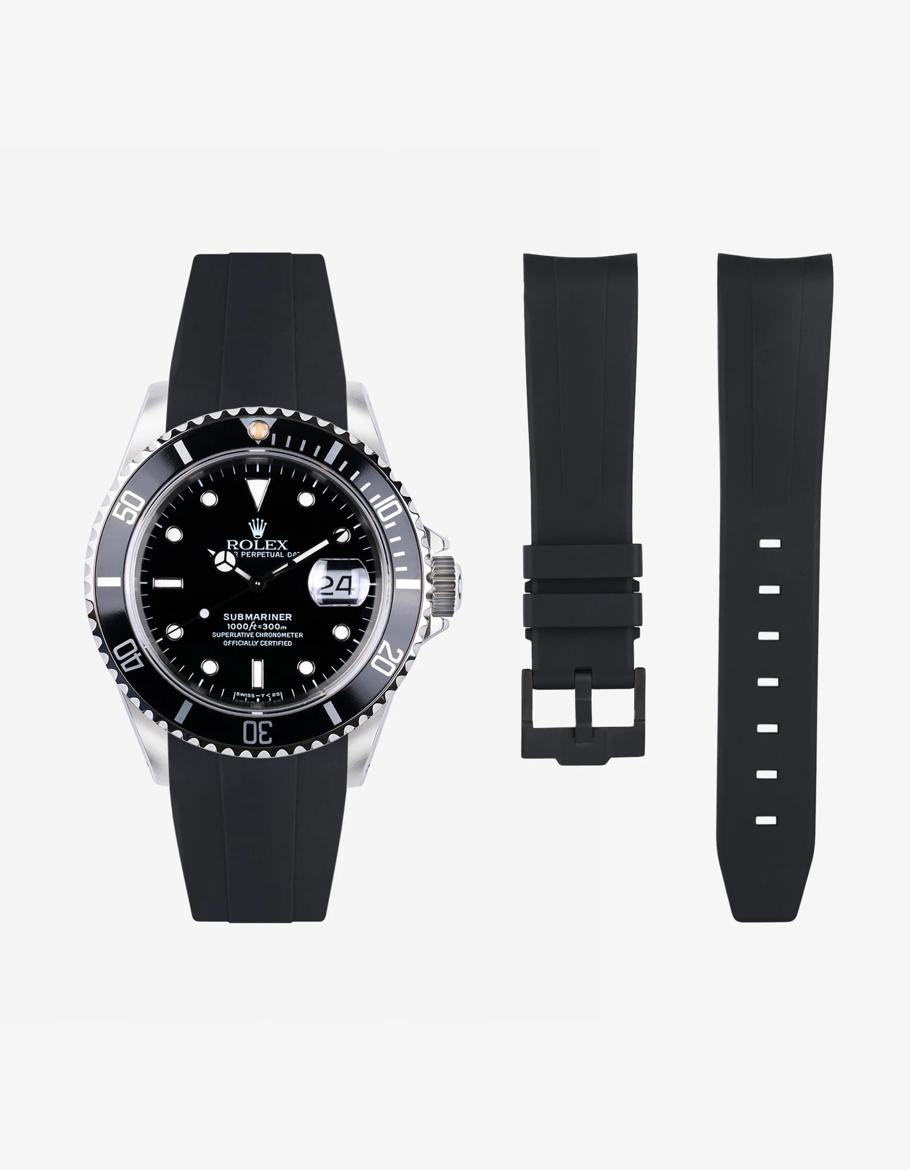 Black FKM rubber strap for Rolex Submariner 16610 shown with watch and separate strap parts