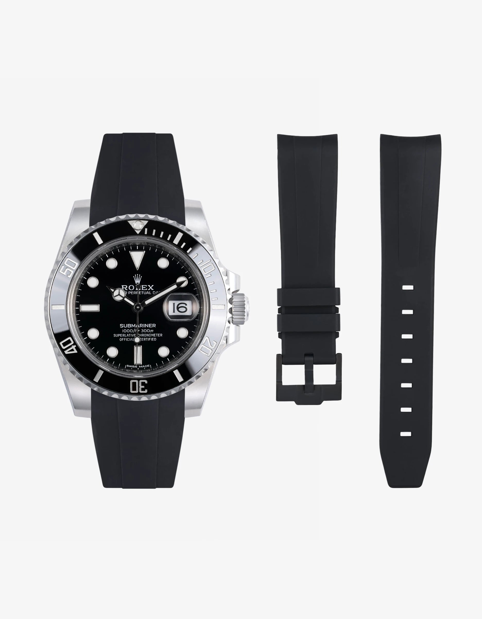 Black FKM rubber strap for Rolex Submariner 116610LN shown with watch and separate strap parts