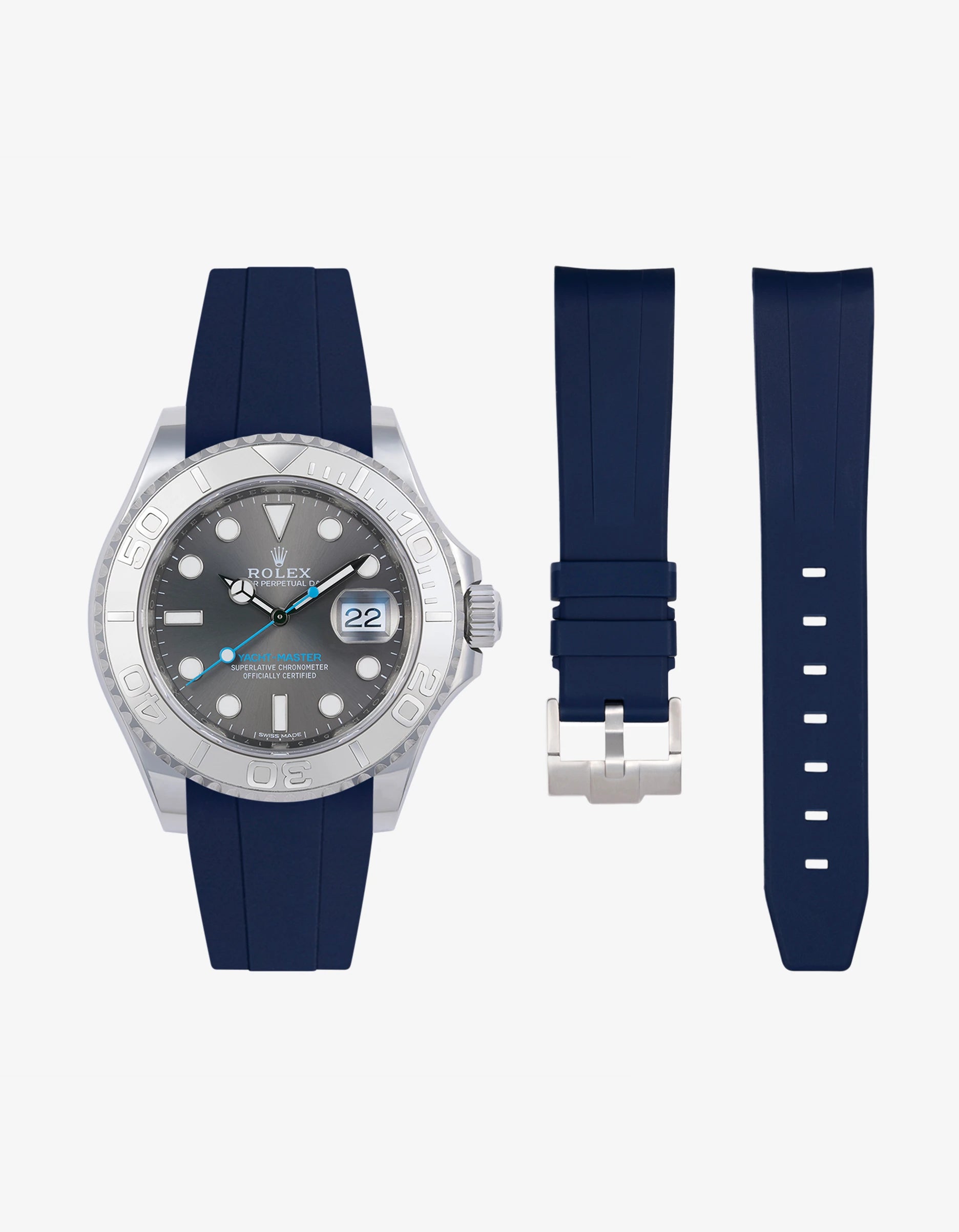 Dark blue FKM rubber strap for Rolex Yacht-Master 116622 and 126622 shown with watch and separate strap parts