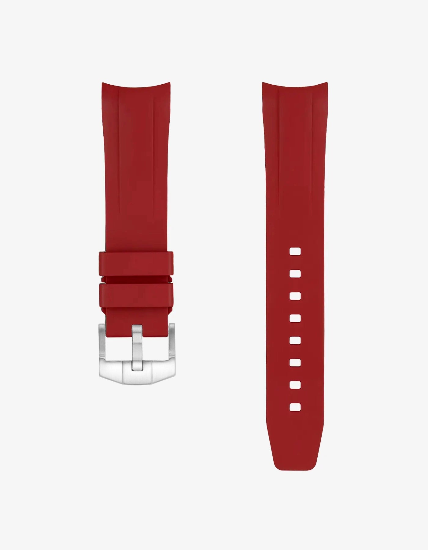 Burgundy red FKM rubber strap for Tudor Black Bay 54 with stainless steel buckle on a white background