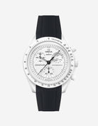 Omega X Swatch MoonSwatch Mission to the MoonPhase on a full black fkm rubber watch strap with a white background showcasing both the watch and the watch strap from Wristbuddys