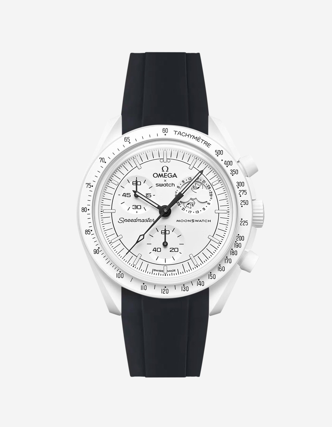 Omega X Swatch MoonSwatch Mission to the MoonPhase on a full black fkm rubber watch strap with a white background showcasing both the watch and the watch strap from Wristbuddys