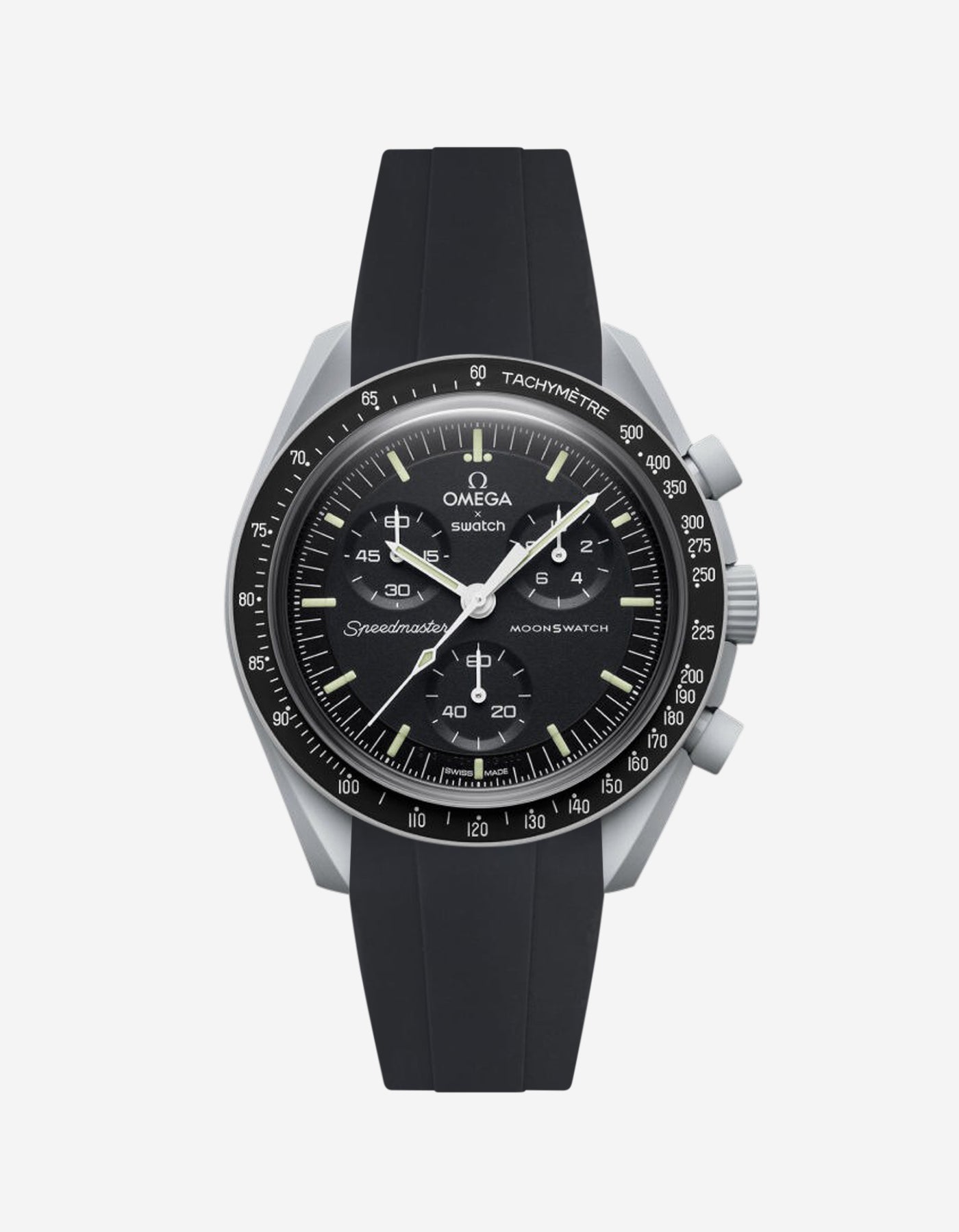 Omega watch with black rubber strap on a white background