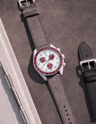 Leather Strap for Omega X Swatch Mission to Pluto in grey suede – watch lying flat