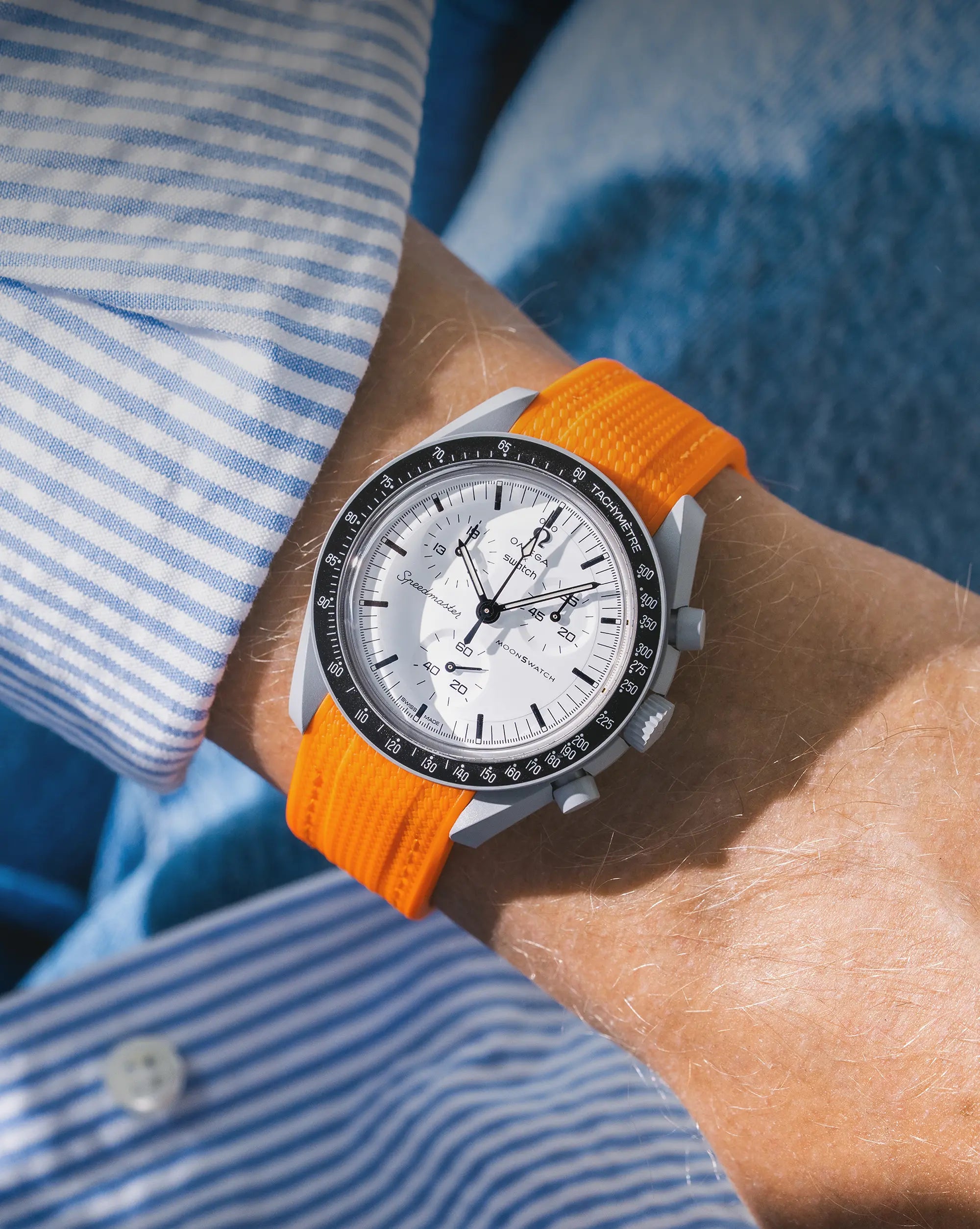 Wristbuddys MoonSwatch rubber strap collection in multiple colours matching the Omega x Swatch MoonSwatch dial variants