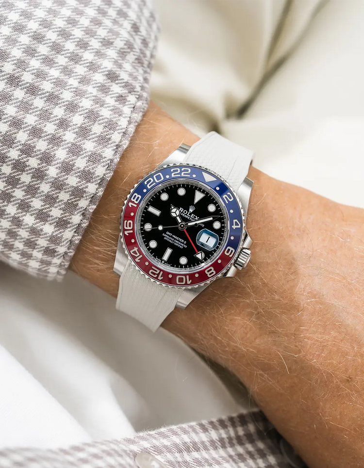 Premium beige rubber watch strap worn on wrist with Rolex GMT-Master II Pepsi