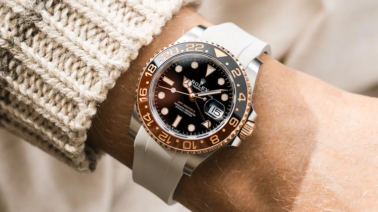 Premium beige rubber watch strap worn on wrist with Rolex GMT-Master II Root Beer