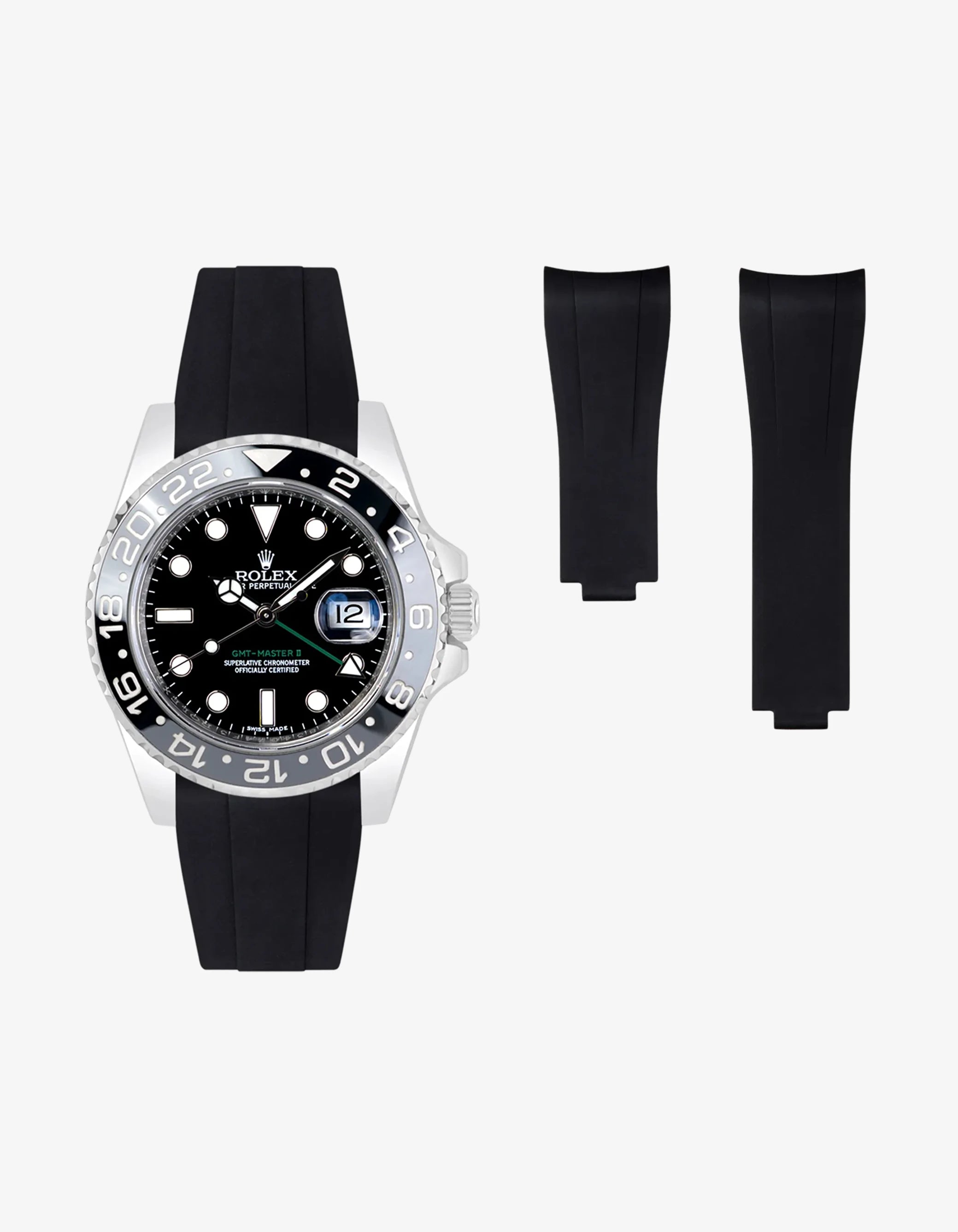 Black FKM rubber strap integrated with original clasp, shown on a Rolex GMT Master II 116710 with black dial and ceramic bezel.