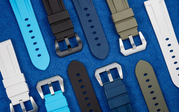 Colorful FKM rubber straps with buckles for Grand Seiko watches in 20mm to 24mm lug widths, displayed on blue background