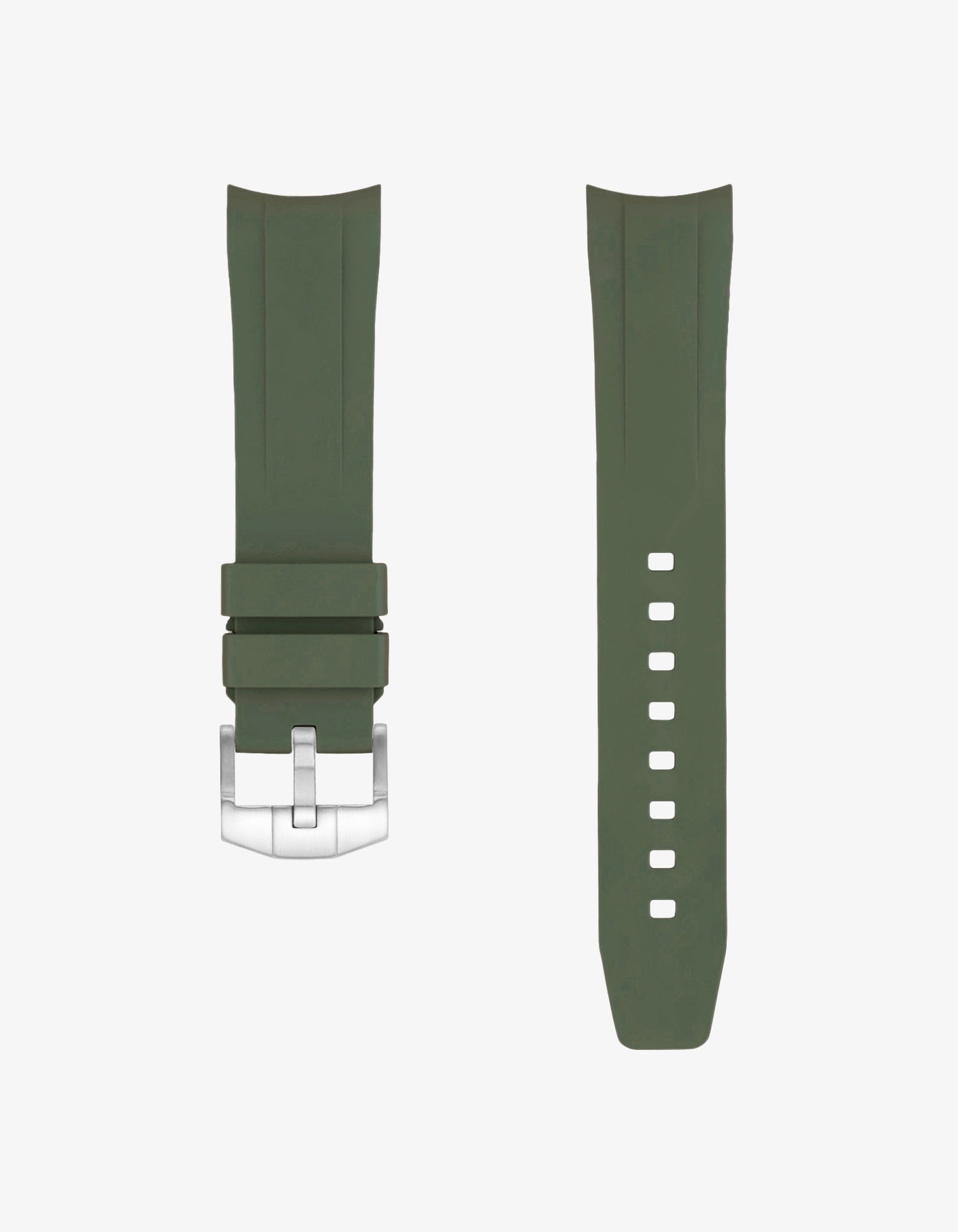 Dark green FKM rubber strap for Tudor Black Bay 54 with stainless steel buckle on a white background