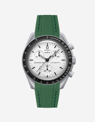 Omega X Swatch MoonSwatch 1965 watch with green strap and white face on a light gray background