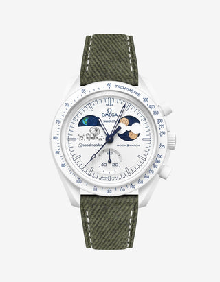 Military green Leather Strap on Omega x Swatch MoonSwatch Mission To Earthphase - Moonshine Gold Cold Moon
