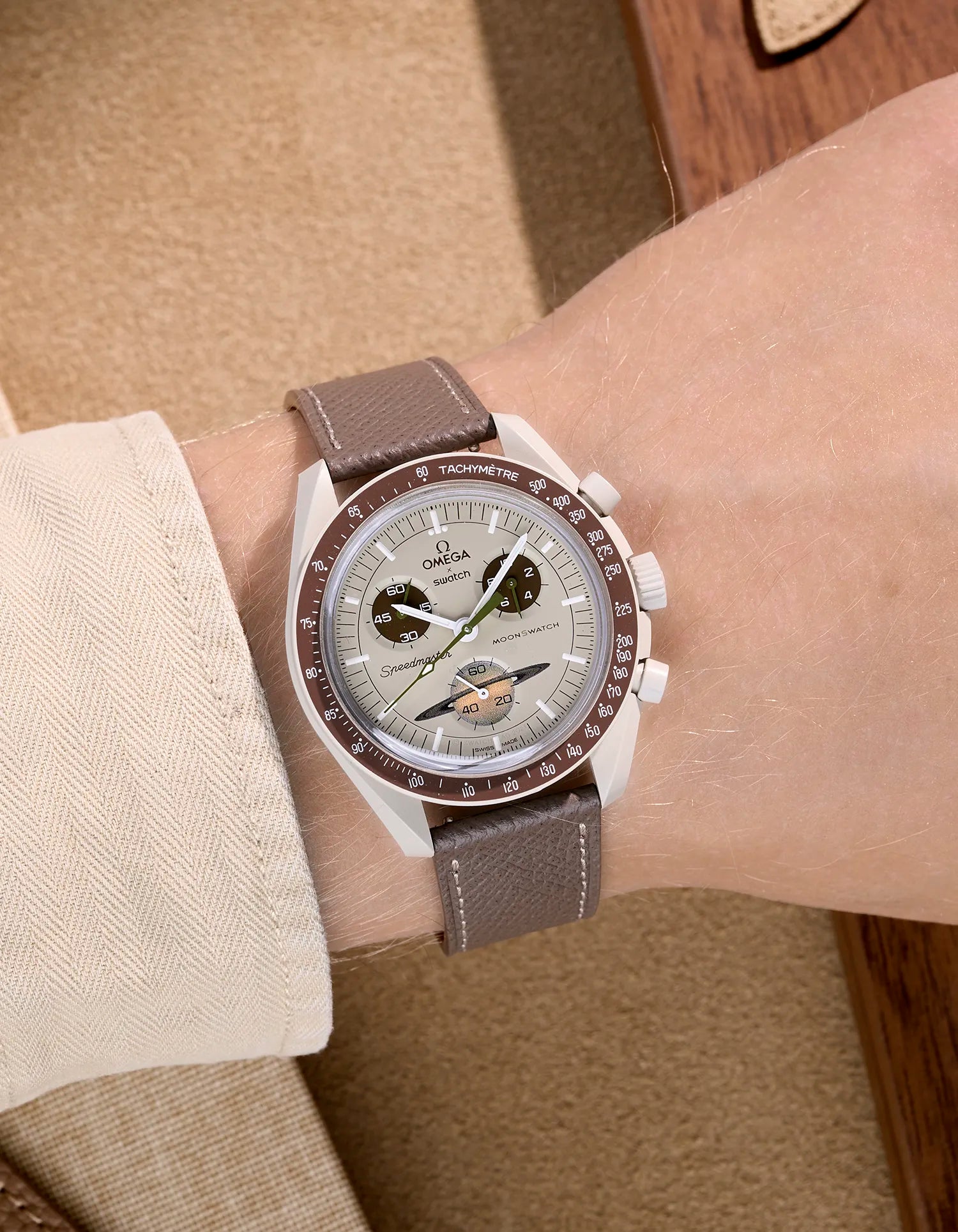 Grey Epsom leather strap on Omega X Swatch MoonSwatch Mission to Saturn – wrist shot