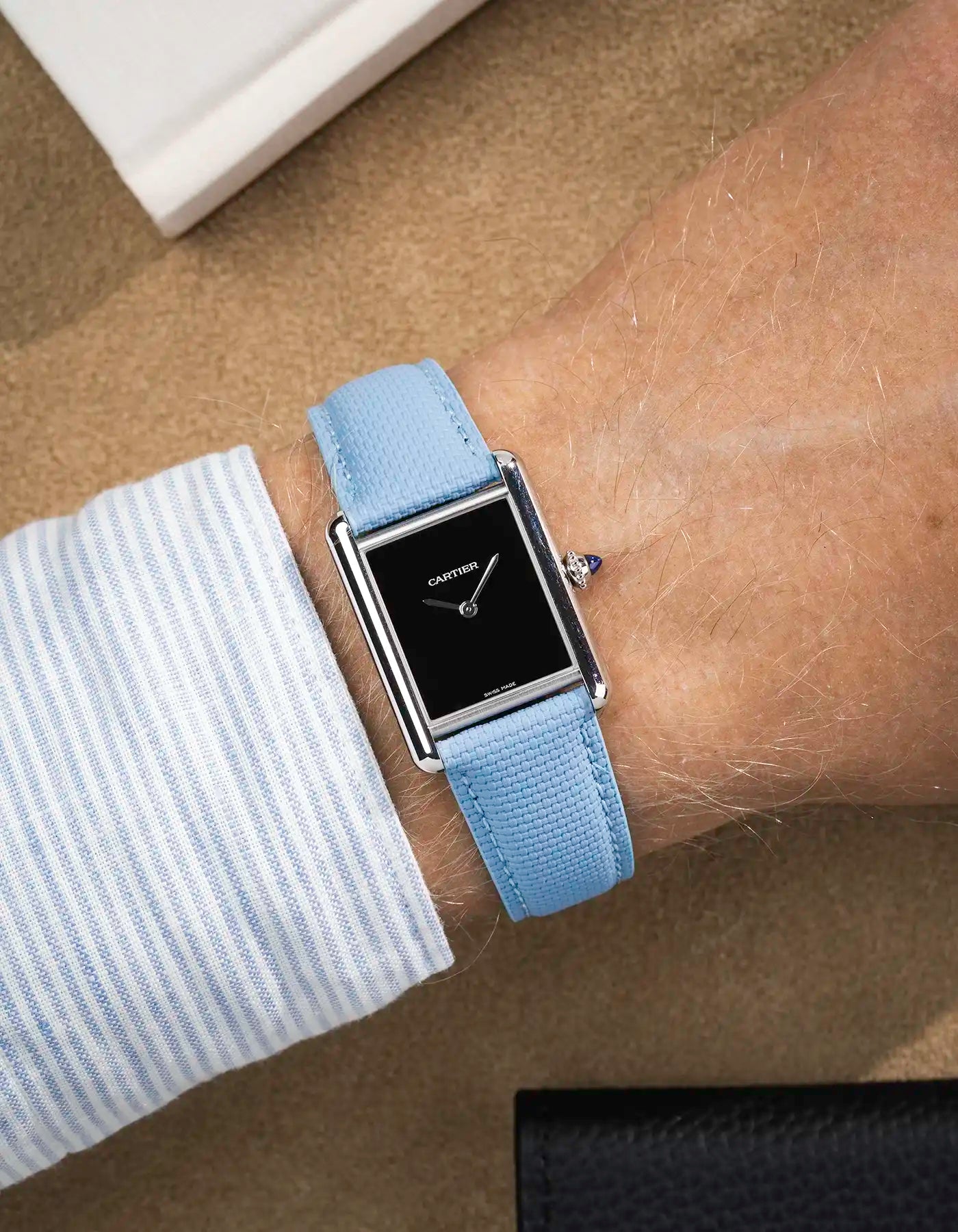 Rubberised Sailcloth Leather Strap in Light Blue on Cartier Tank – collection listing view