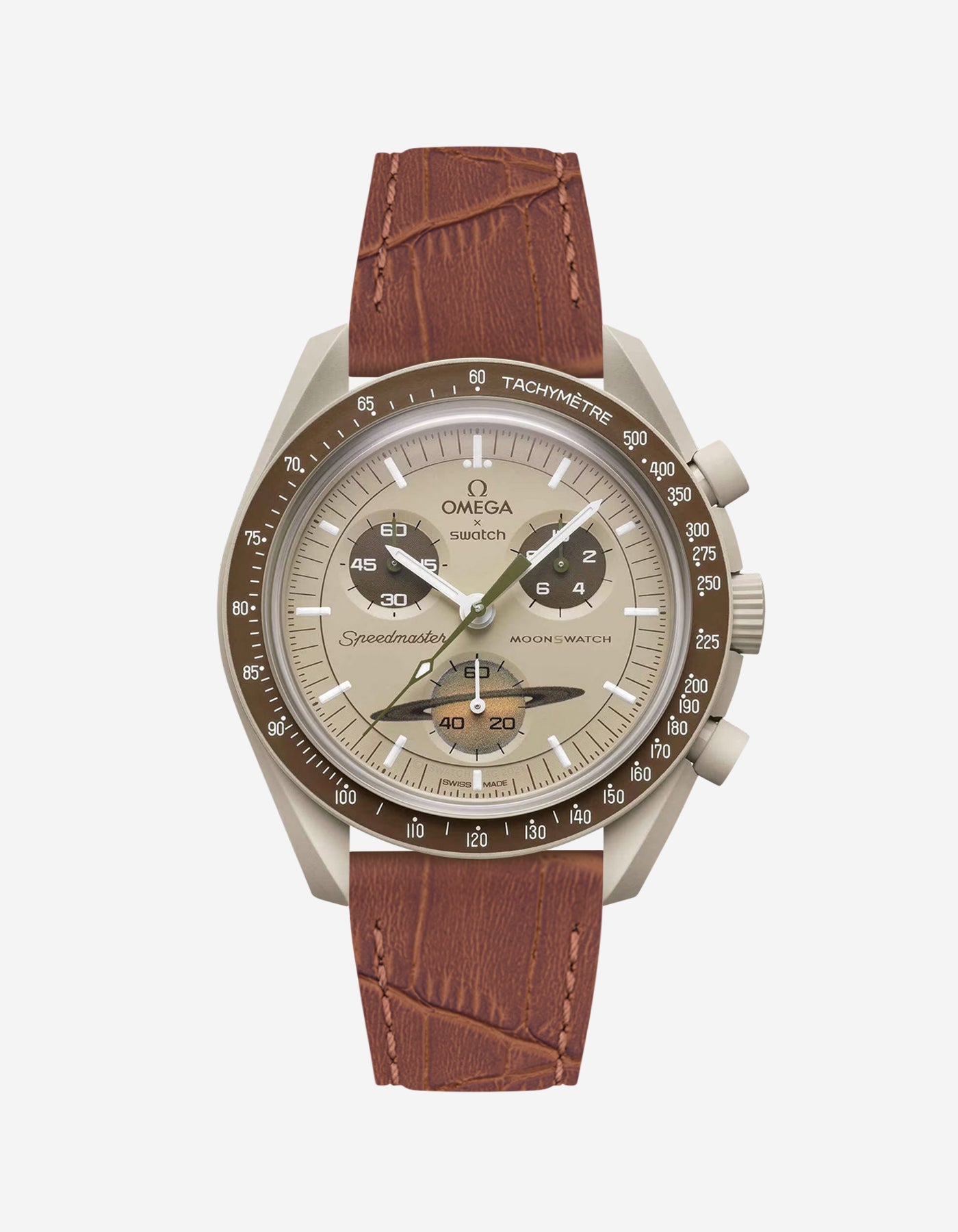 Light Brown embossed alligator leather strap on Omega X Swatch MoonSwatch Mission to Saturn Watch