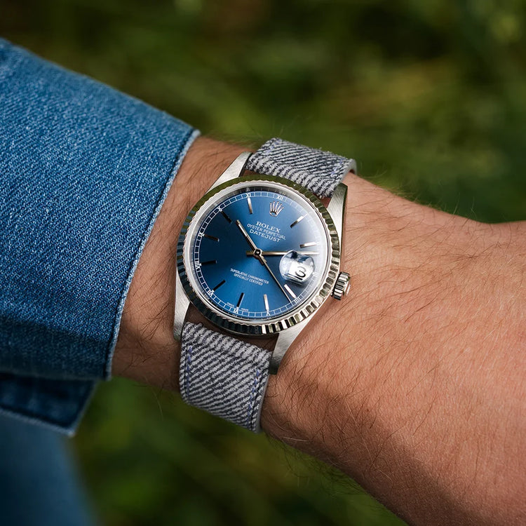 Light Grey Denim Strap with quick-release shown on wrist – blends soft texture with easy style