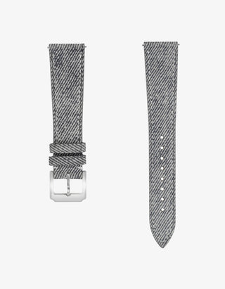 Light Grey Denim Watch Strap 20mm flat lay – silver buckle and visible grain