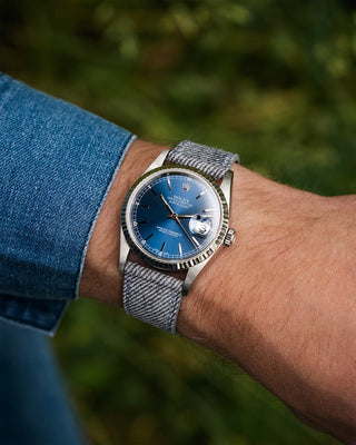 Light grey denim strap on Rolex Datejust – showcased in our adjustable size series.