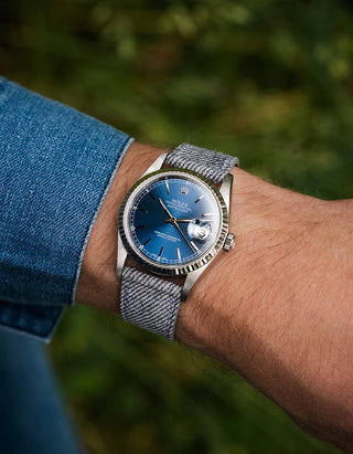 Light Grey Denim Strap on Rolex Datejust – wrist shot with blue dial and denim shirt