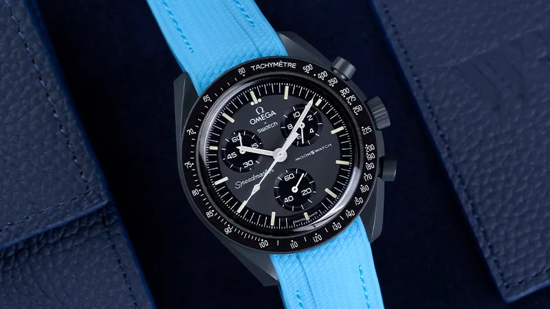 Omega x Swatch MoonSwatch Mission to Mercury with a premium Capri Blue strap, designed for a perfect fit and vibrant style. The ideal strap upgrade for your Mission to Mercury timepiece.